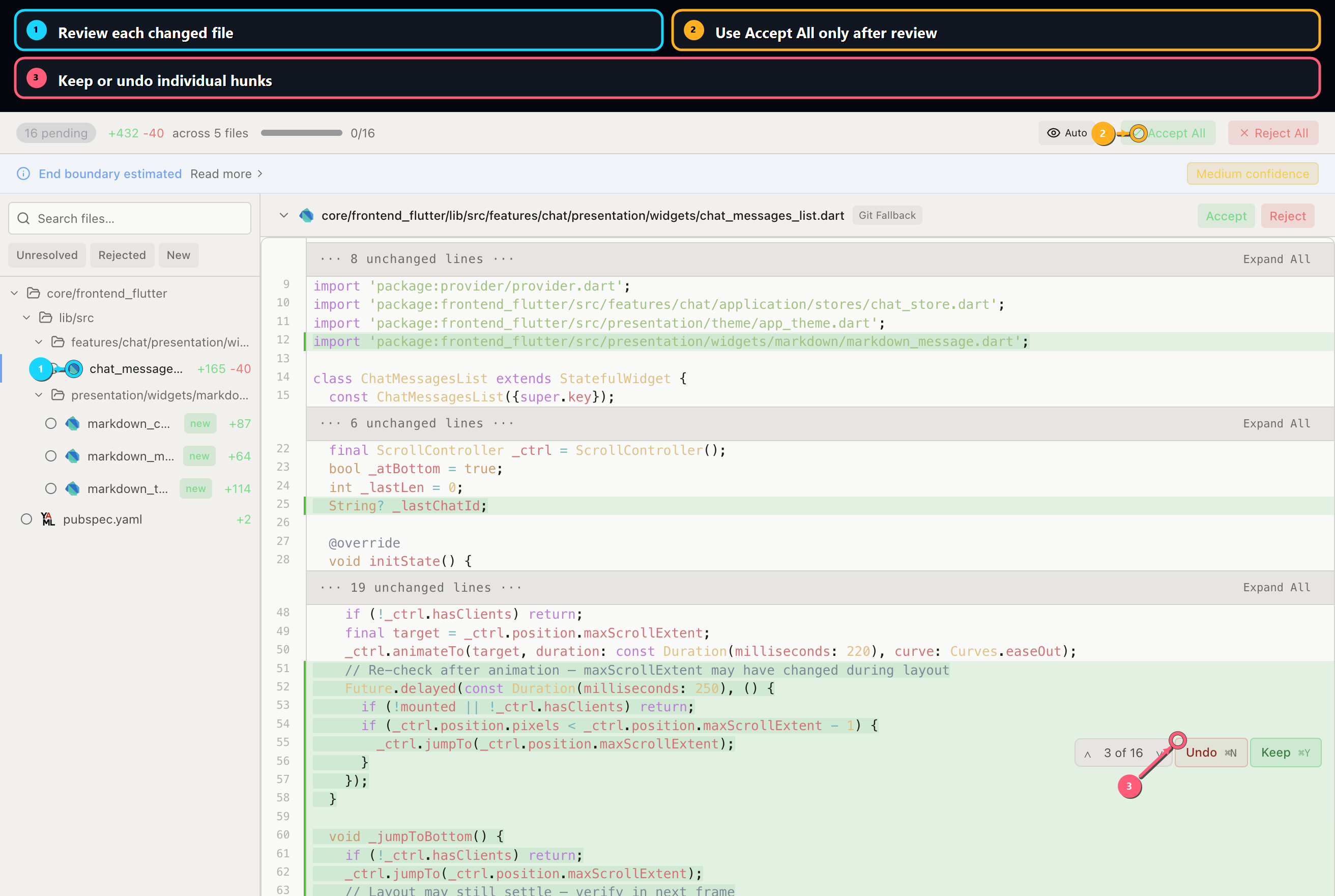 Annotated code review screen with changed files, Accept All, and hunk actions