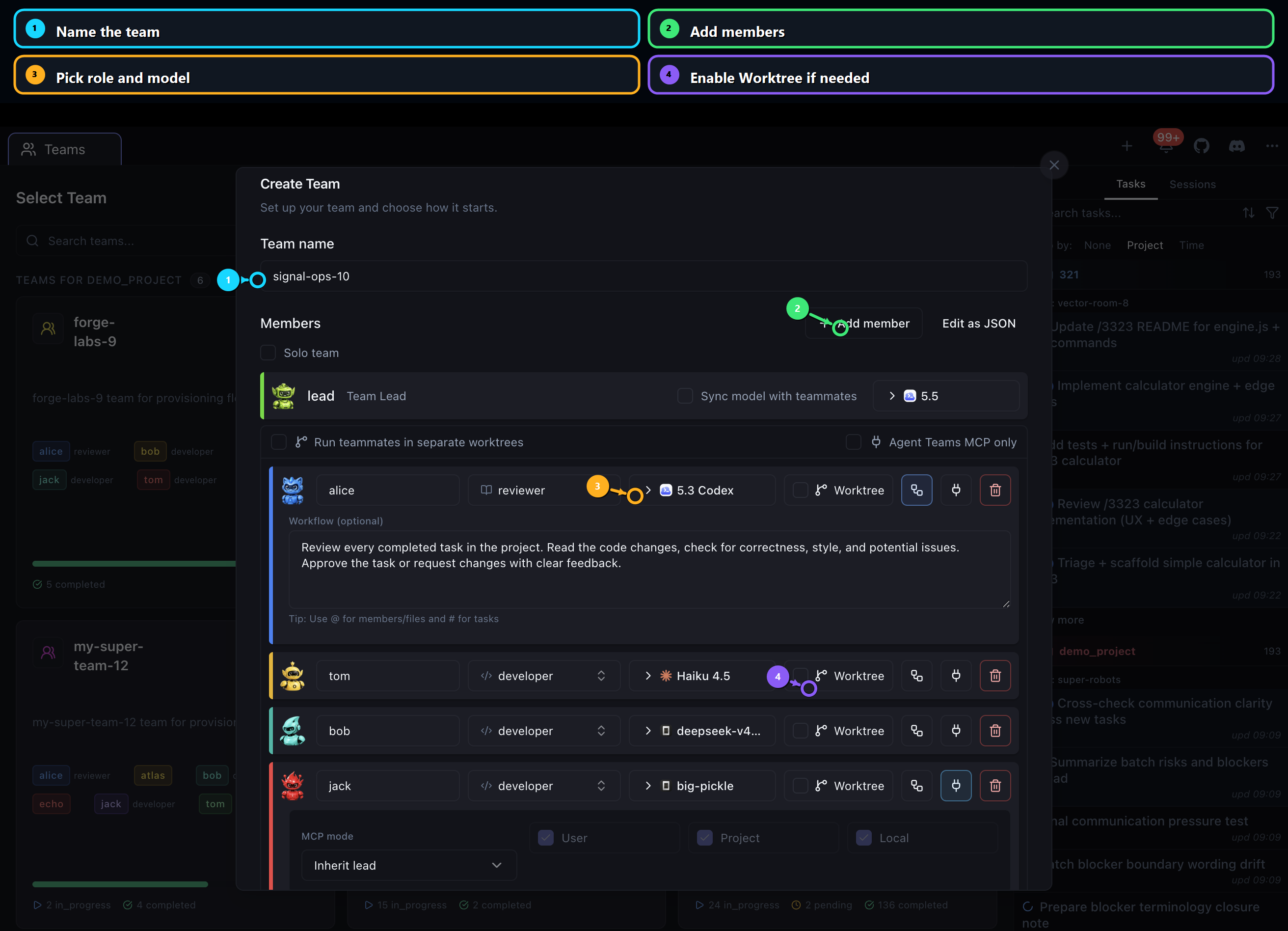 Annotated Create Team dialog